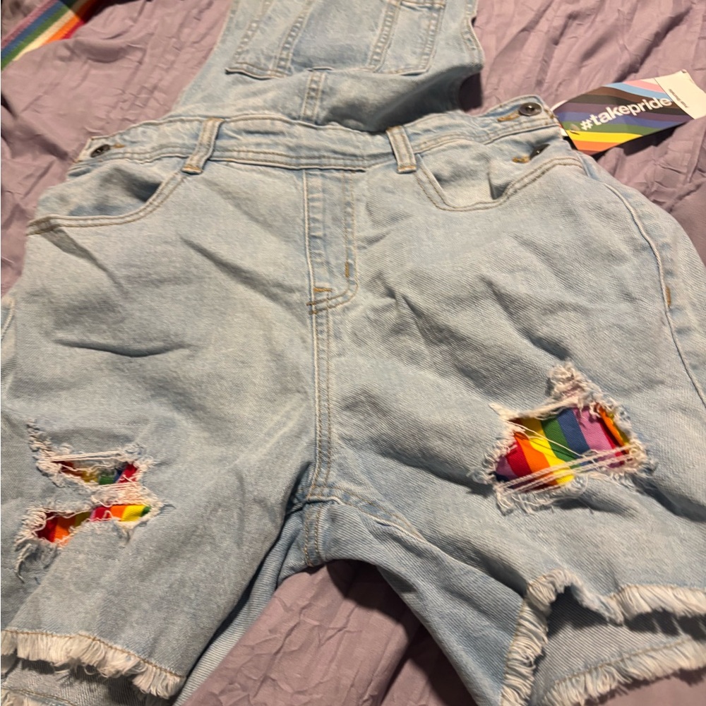 Denim Distressed Rainbow Short overalls